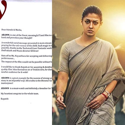 Director Vijay applauds Nayanthara's Aramm